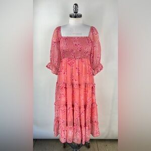 💚 3143. Sheer Floral Smocked Puff Sleeve Dress